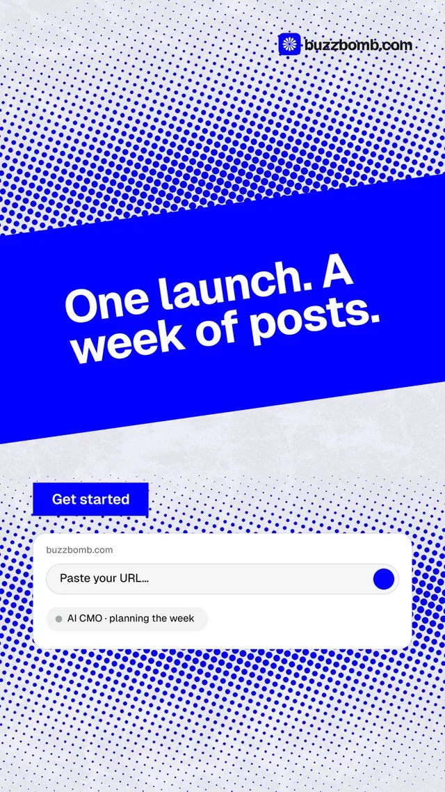 Instagram story for BuzzBomb: "One launch. A week of posts." Swiss style, diagonal layout, light palette in blue, white.