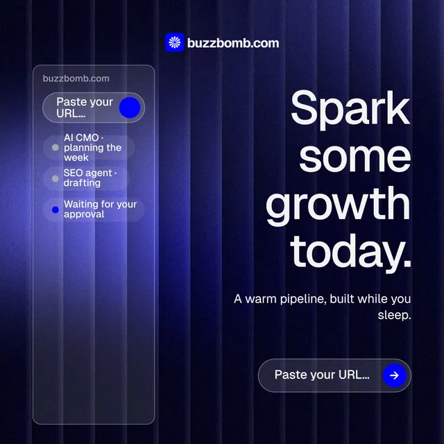 Instagram post for BuzzBomb: "Spark some growth today." Agentic glass style, right layout, dark palette in blue, black.