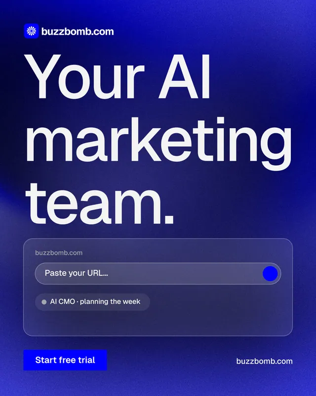 Instagram portrait post for BuzzBomb: "Your AI marketing team." Swiss style, poster layout, dark palette in blue.