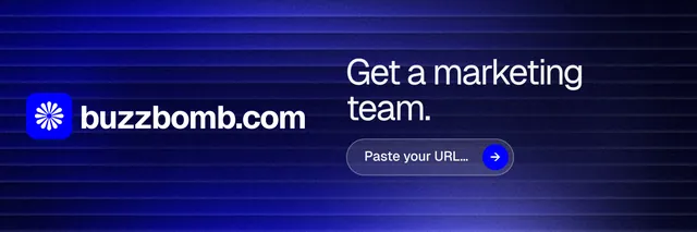 X header for BuzzBomb: "Get a marketing team." Agentic glass style, logo hero layout, dark palette in black, blue.