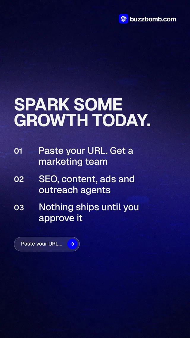 Instagram story for BuzzBomb: "Spark some growth today." Agentic glass style, numbered layout, dark palette in black, blue.