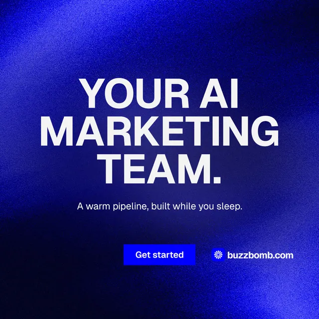 Instagram post for BuzzBomb: "Your AI marketing team." Swiss style, centred layout, dark palette in blue.