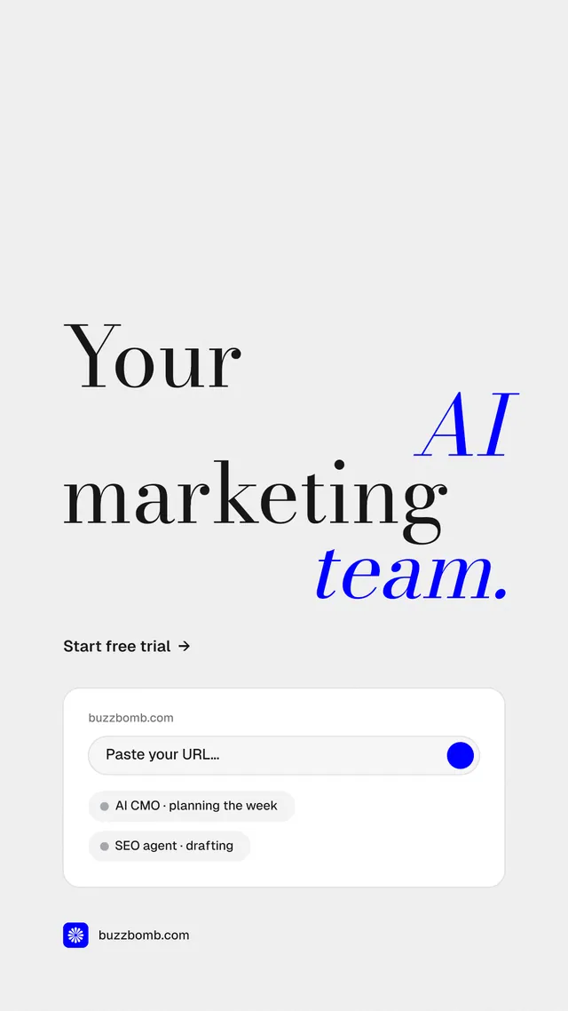 Instagram story for BuzzBomb: "Your AI marketing team." Minimal luxury style, stacked layout, light palette in white, grey.