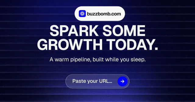 Social ad for BuzzBomb: "Spark some growth today." Agentic glass style, centred layout, dark palette in black, blue, grey.