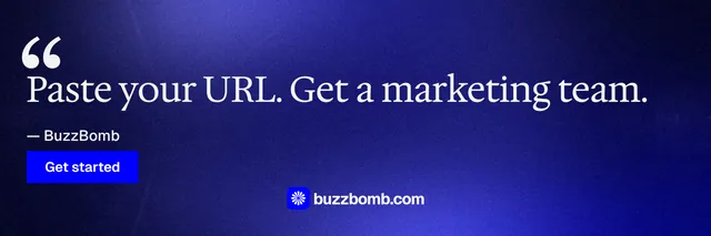 X header for BuzzBomb: "Seven agents. One chat." Swiss style, quote layout, dark palette in blue.