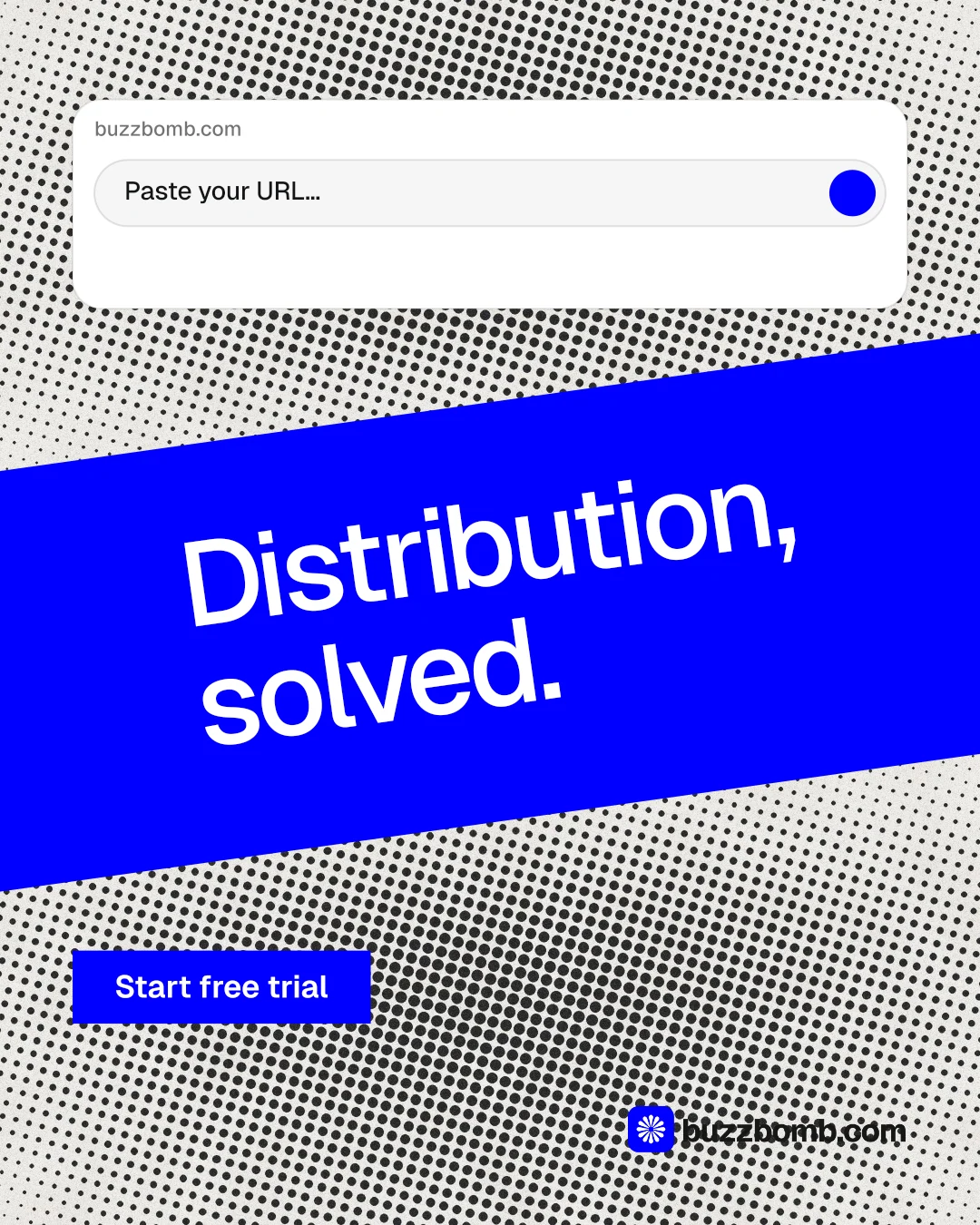 Instagram portrait post for BuzzBomb: "Distribution, solved." Swiss style, diagonal layout, light palette in grey, blue, white.