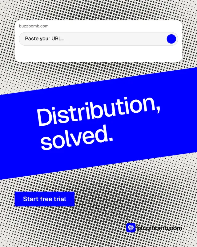 Instagram portrait post for BuzzBomb: "Distribution, solved." Swiss style, diagonal layout, light palette in grey, blue, white.