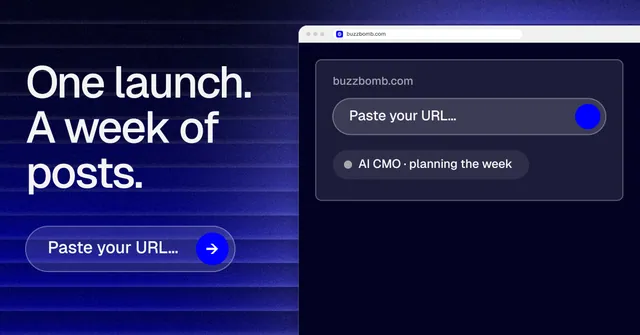 Social ad for BuzzBomb: "One launch. A week of posts." Agentic glass style, browser layout, dark palette in blue, black.