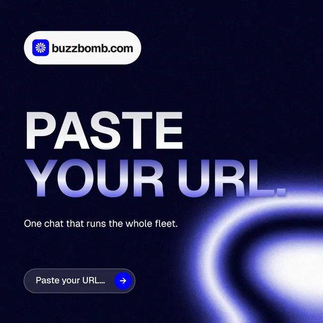Instagram post for BuzzBomb: "Paste your URL." Agentic glass style, announce layout, dark palette in black, blue.