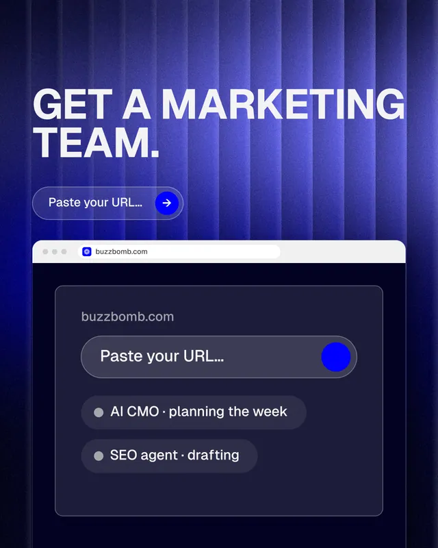 Instagram portrait post for BuzzBomb: "Get a marketing team." Agentic glass style, browser layout, dark palette in blue, black.