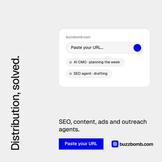 Instagram post for BuzzBomb: "Distribution, solved." Swiss style, vertical layout, light palette in white, blue.