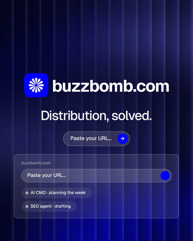 Instagram portrait post for BuzzBomb: "Distribution, solved." Agentic glass style, logo hero layout, dark palette in black, blue, grey.