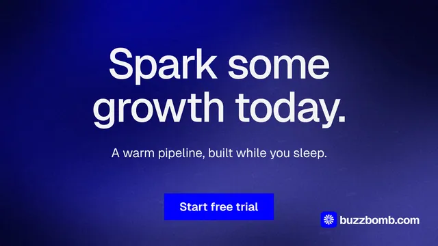 Landscape graphic for BuzzBomb: "Spark some growth today." Swiss style, centred layout, dark palette in blue.