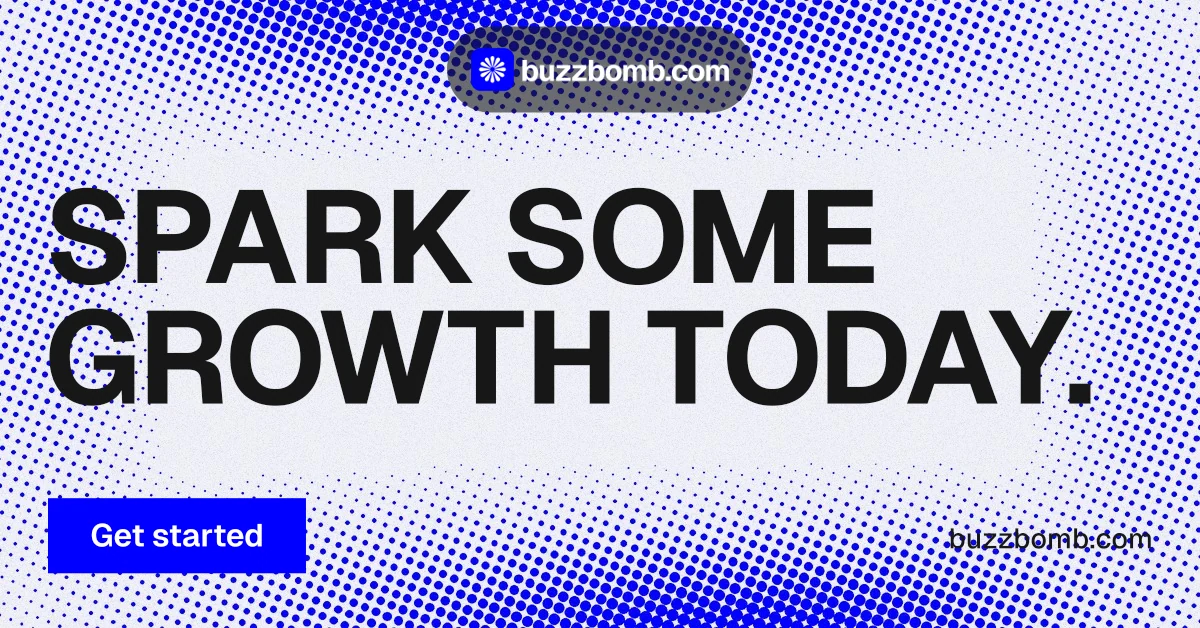 Social ad for BuzzBomb: "Spark some growth today." Swiss style, poster layout, light palette in blue, white.
