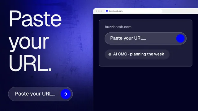 Landscape graphic for BuzzBomb: "Paste your URL." Agentic glass style, browser layout, dark palette in black, blue.