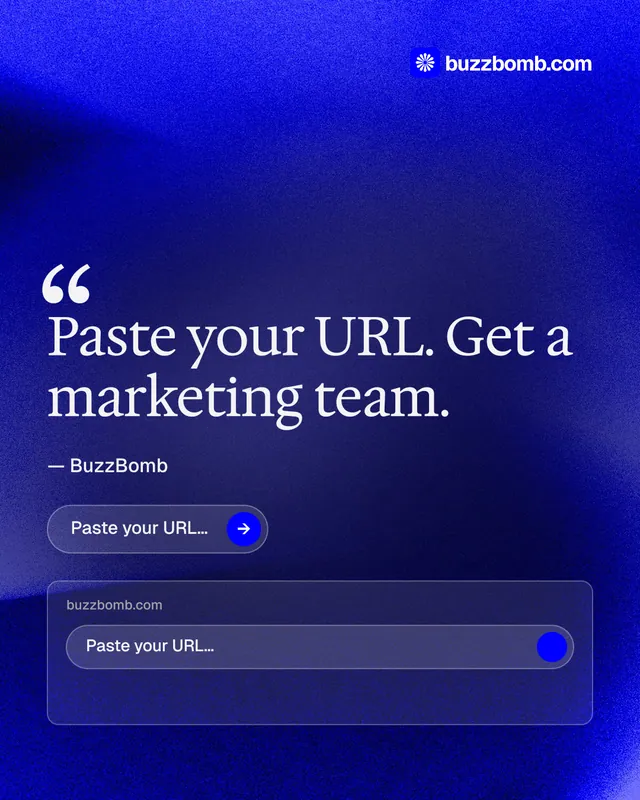Instagram portrait post for BuzzBomb: "Get a marketing team." Agentic glass style, quote layout, dark palette in blue.