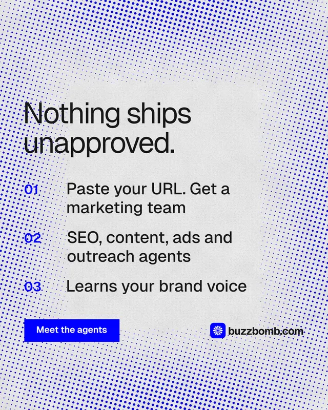 Instagram portrait post for BuzzBomb: "Nothing ships unapproved." Swiss style, numbered layout, light palette in blue, white.