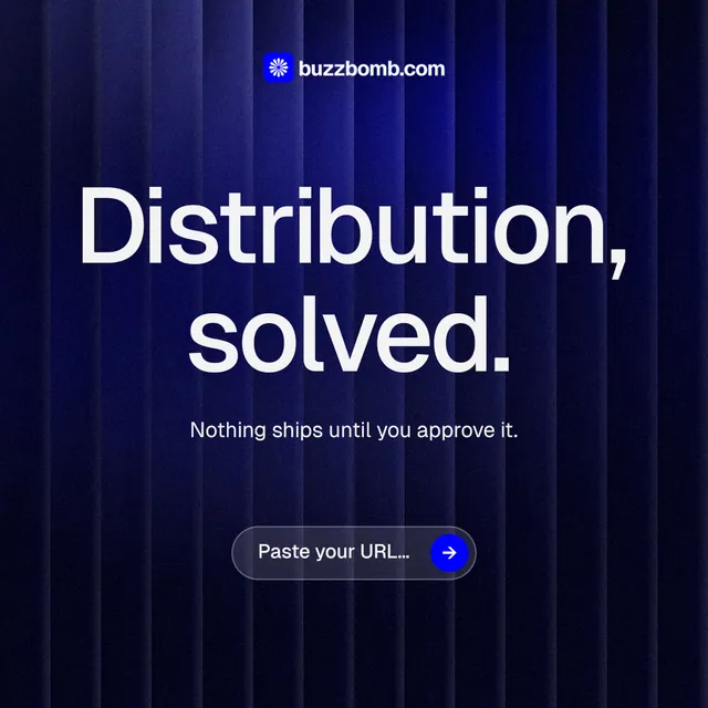 Instagram post for BuzzBomb: "Distribution, solved." Agentic glass style, centred layout, dark palette in blue, black.