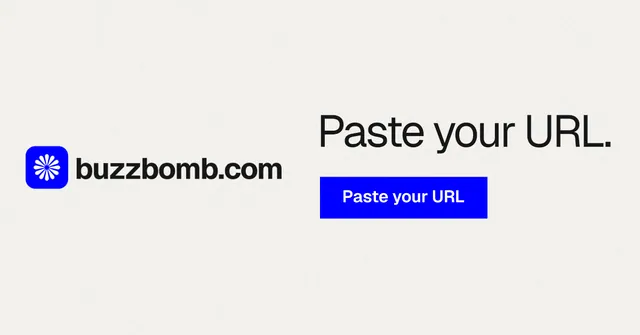 Social ad for BuzzBomb: "Paste your URL." Swiss style, logo hero layout, light palette in white, blue.