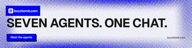 LinkedIn banner for BuzzBomb: "Seven agents. One chat." Brutalist style, poster layout, light palette in blue, white.