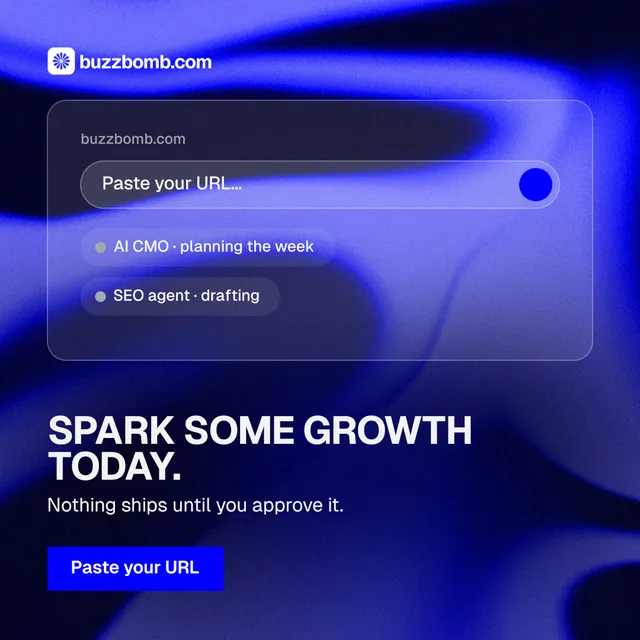 Instagram post for BuzzBomb: "Spark some growth today." Swiss style, bottom layout, dark palette in blue.