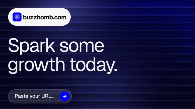Landscape graphic for BuzzBomb: "Spark some growth today." Agentic glass style, announce layout, dark palette in black, blue, grey.
