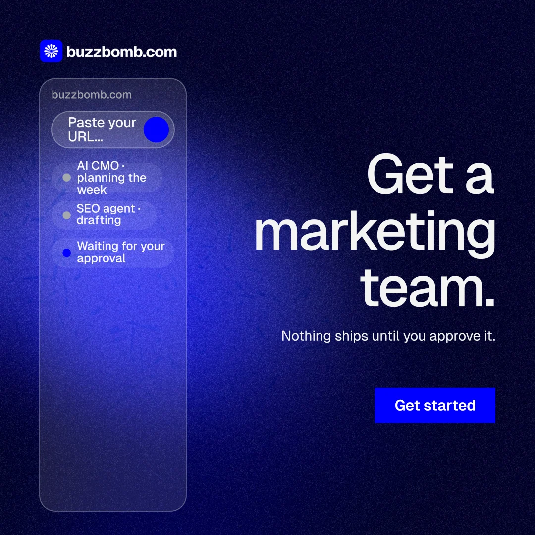 Instagram post for BuzzBomb: "Get a marketing team." Swiss style, right layout, dark palette in blue, black.