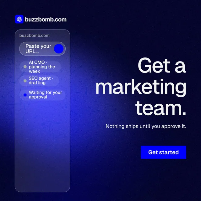 Instagram post for BuzzBomb: "Get a marketing team." Swiss style, right layout, dark palette in blue, black.