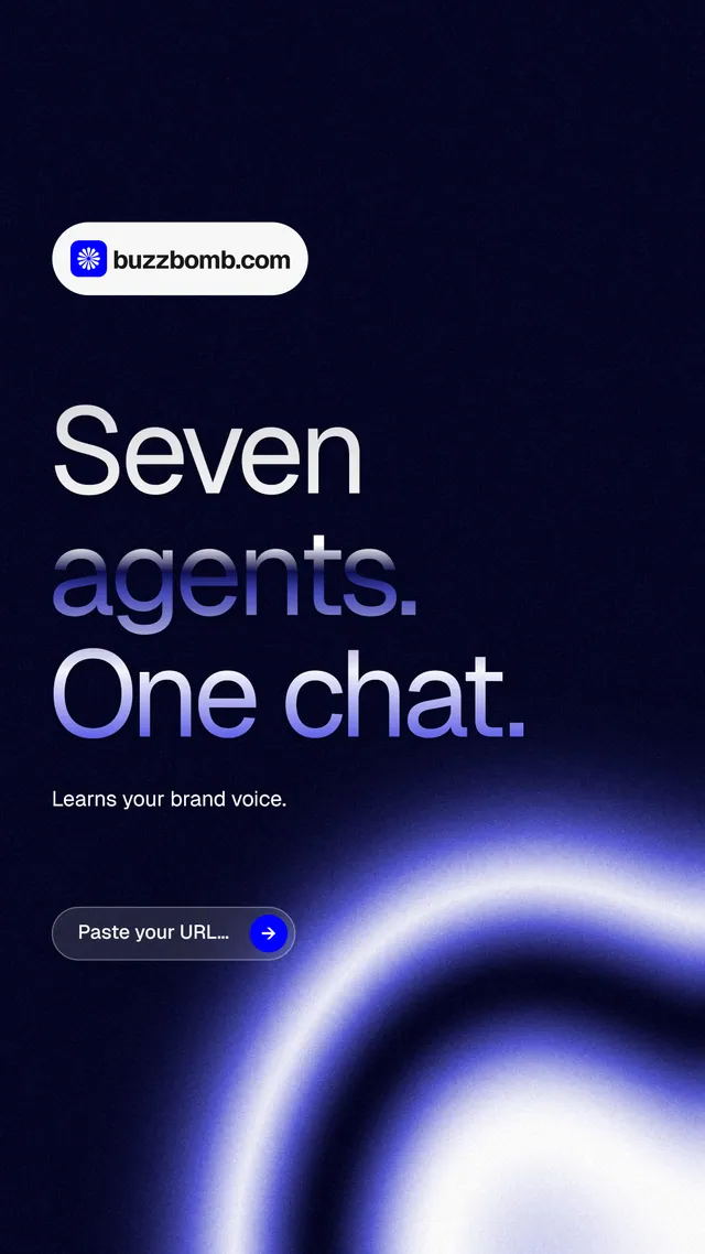 Instagram story for BuzzBomb: "Seven agents. One chat." Agentic glass style, announce layout, dark palette in black, blue.