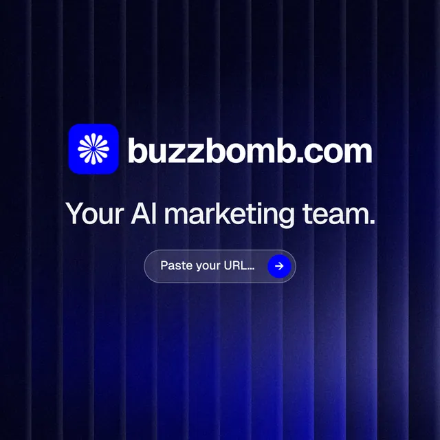 Instagram post for BuzzBomb: "Your AI marketing team." Agentic glass style, logo hero layout, dark palette in black, blue.