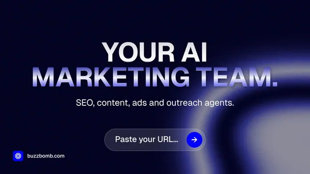 Landscape graphic for BuzzBomb: "Your AI marketing team." Agentic glass style, centred layout, dark palette in black, grey, blue.