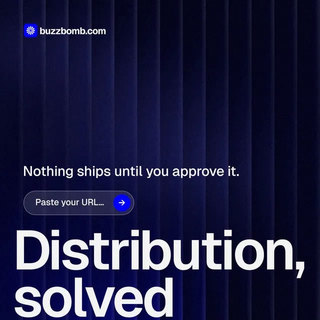Instagram post for BuzzBomb: "Your AI marketing team." Agentic glass style, oversized layout, dark palette in black, blue, grey.