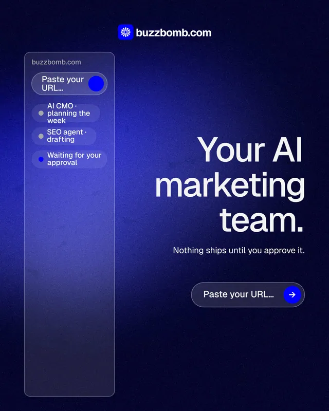 Instagram portrait post for BuzzBomb: "Your AI marketing team." Agentic glass style, right layout, dark palette in blue, black.
