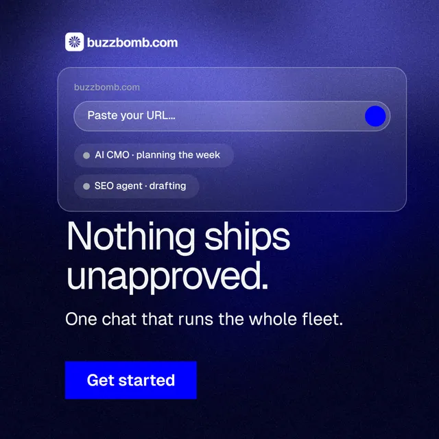 Instagram post for BuzzBomb: "Nothing ships unapproved." Swiss style, skeleton layout, dark palette in black, blue.