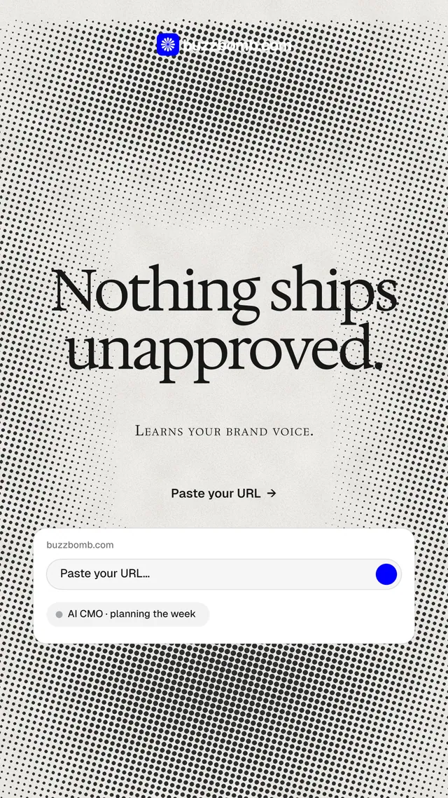 Instagram story for BuzzBomb: "Nothing ships unapproved." Swiss style, smallcaps layout, light palette in white, grey.