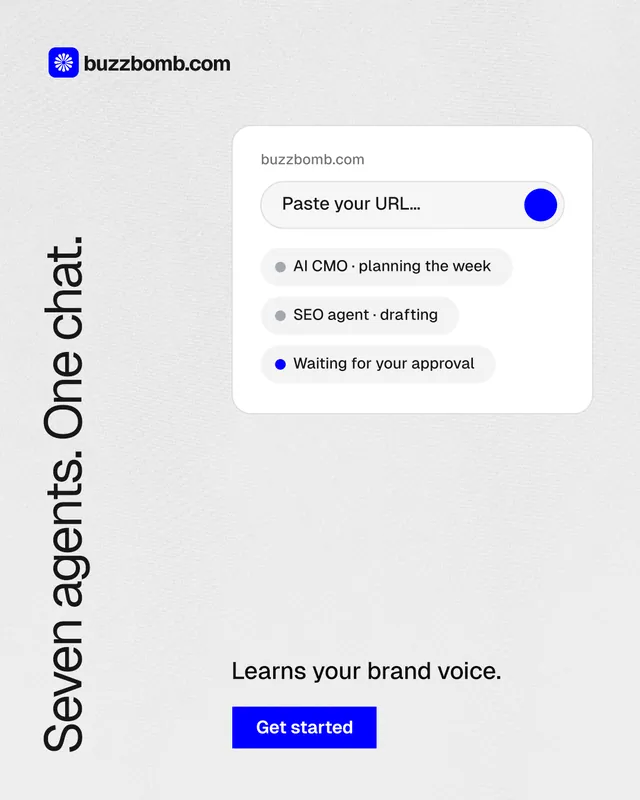 Instagram portrait post for BuzzBomb: "Seven agents. One chat." Swiss style, vertical layout, light palette in white, blue.