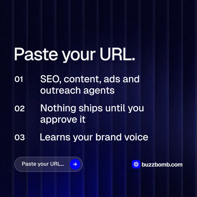 Instagram post for BuzzBomb: "Paste your URL." Agentic glass style, numbered layout, dark palette in black, blue, grey.