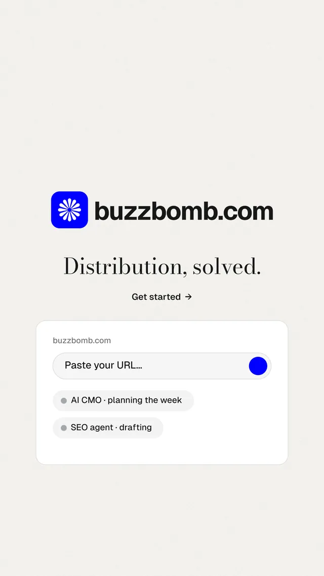 Instagram story for BuzzBomb: "Distribution, solved." Minimal luxury style, logo hero layout, light palette in white.
