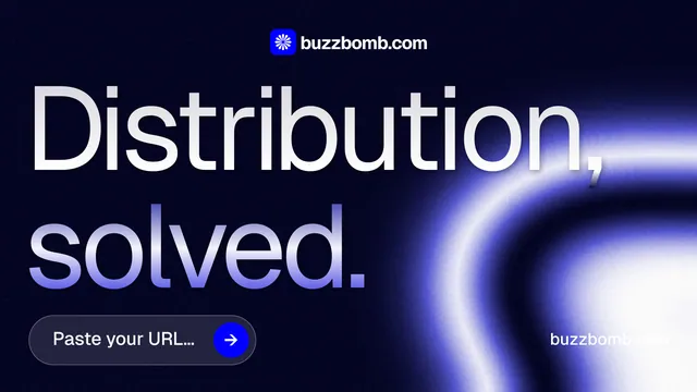 Landscape graphic for BuzzBomb: "Distribution, solved." Agentic glass style, poster layout, dark palette in black, blue.
