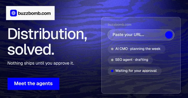 Social ad for BuzzBomb: "Distribution, solved." Swiss style, bottom layout, dark palette in blue.