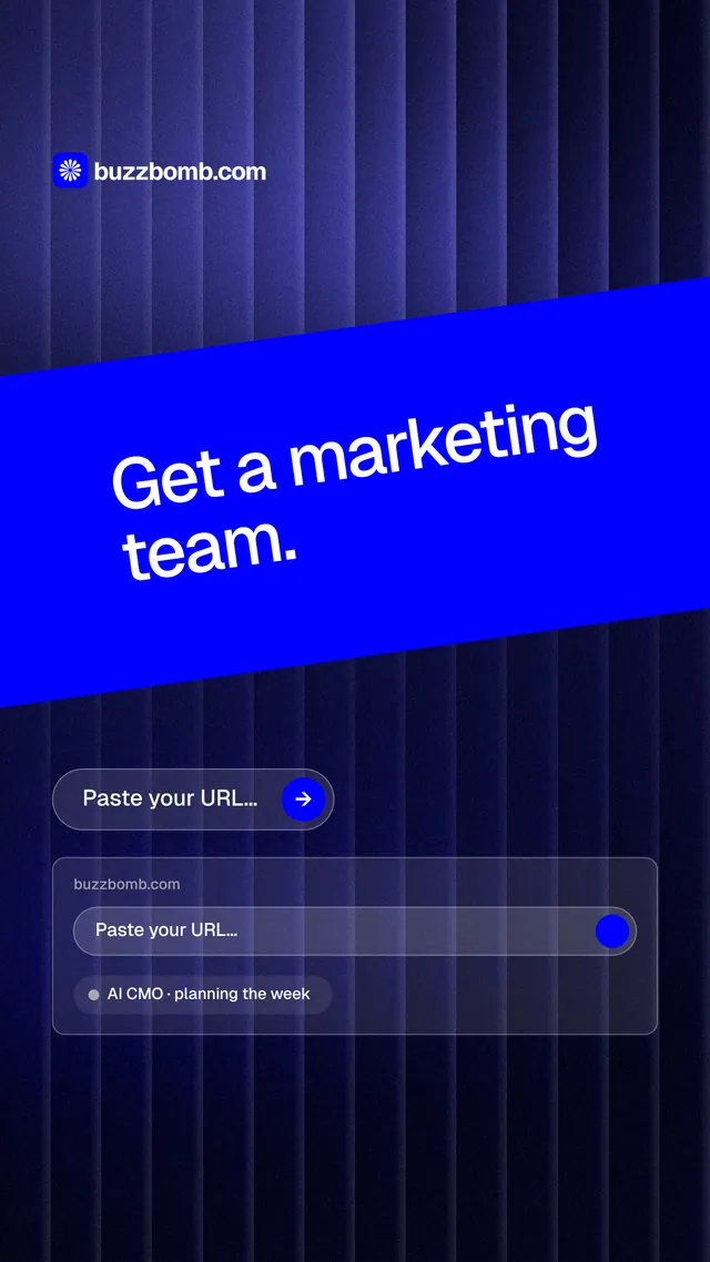 Instagram story for BuzzBomb: "Get a marketing team." Agentic glass style, diagonal layout, dark palette in black, blue.