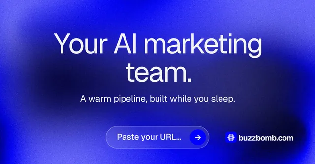 Social ad for BuzzBomb: "Your AI marketing team." Agentic glass style, centred layout, dark palette in blue.