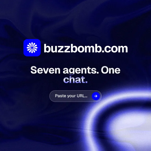 Instagram post for BuzzBomb: "Seven agents. One chat." Agentic glass style, logo hero layout, dark palette in black, blue.