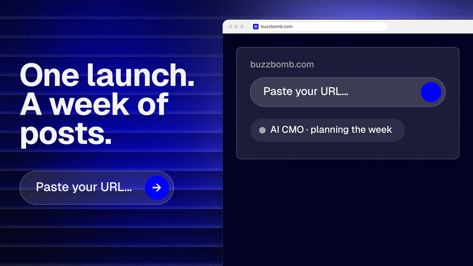 Landscape graphic for BuzzBomb: "One launch. A week of posts." Agentic glass style, browser layout, dark palette in black, blue.