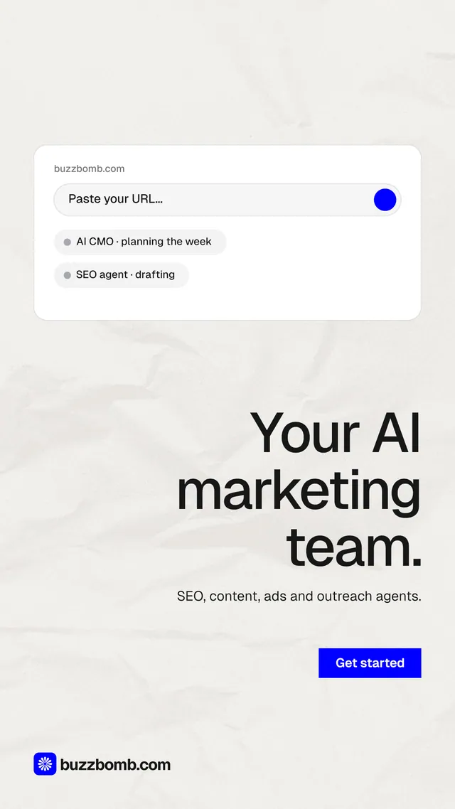 Instagram story for BuzzBomb: "Your AI marketing team." Swiss style, right layout, light palette in white, grey.