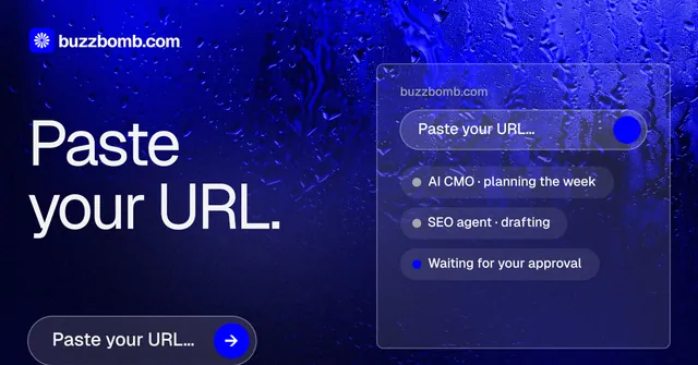 Social ad for BuzzBomb: "Paste your URL." Agentic glass style, bottom layout, dark palette in blue.