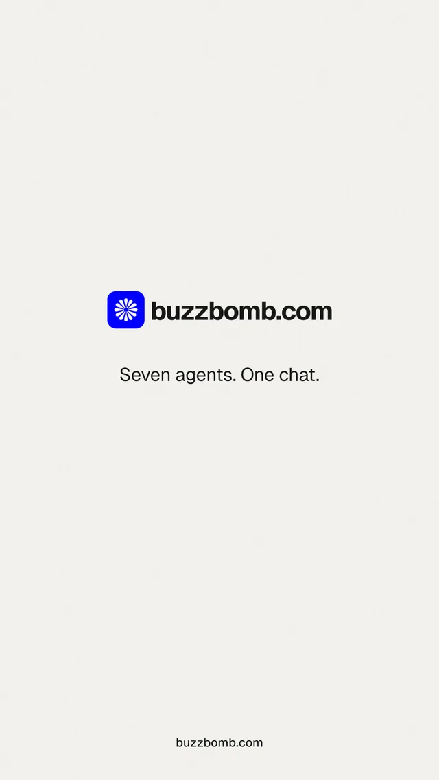 Instagram story for BuzzBomb: "Seven agents. One chat." Swiss style, end card layout, light palette in white.