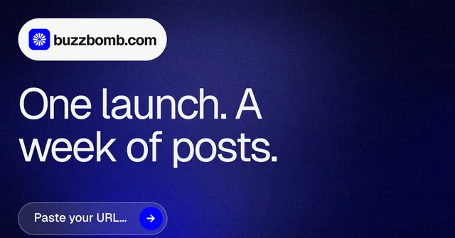 Social ad for BuzzBomb: "One launch. A week of posts." Agentic glass style, announce layout, dark palette in black, blue.