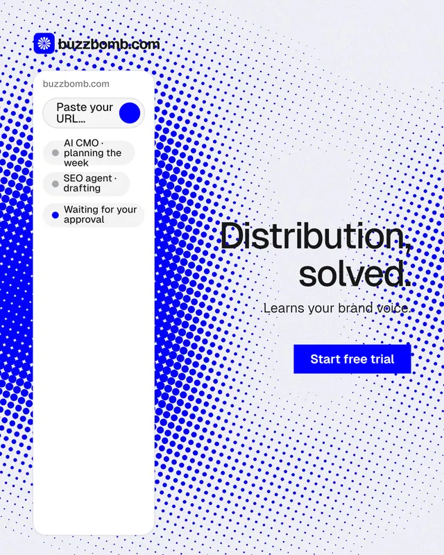 Instagram portrait post for BuzzBomb: "Distribution, solved." Swiss style, right layout, light palette in white, blue.