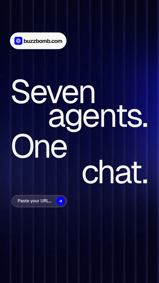 Instagram story for BuzzBomb: "Seven agents. One chat." Agentic glass style, stacked layout, dark palette in black, blue, grey.